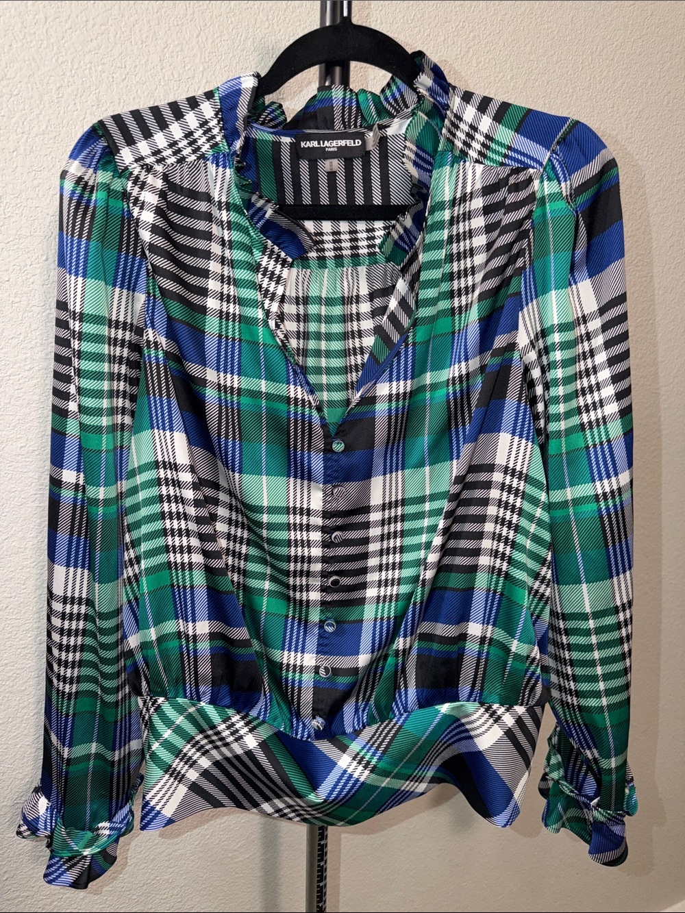 Karl Lagerfeld Blue, Green & Black Plaid Ruffled Collar Button-Up Blouse